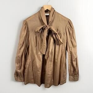 Dries Van Noten Women’s Brown Tan Tie Neck Pleated Blouse Button Front Size 42